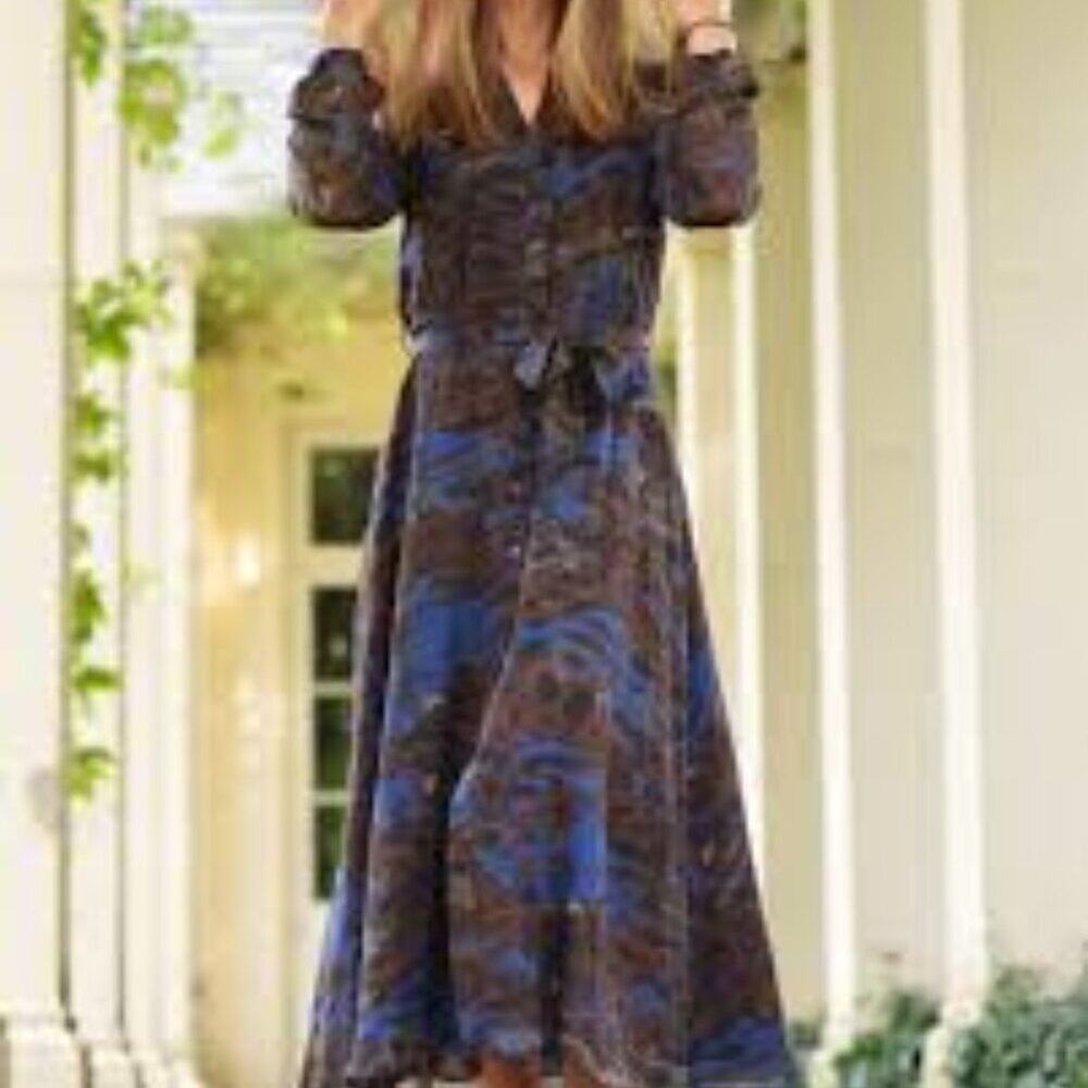 Massimo Dutti Blue Brown Floral Print Maxi Dress Size 8 Boho Summer Resort